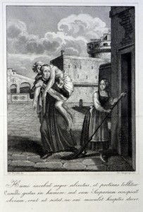 Nicola Sangiorgi, s.Camillo trasporta un malato durante la peste a Roma, bulino, XIX secolo ( AGMI, A 37) 