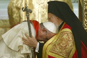 Ecumenical Patriarch Bartholomew I of Constantinople blesses Pope Francis during Ecumenical Prayer in Patriarchal Church of Saint George in Istanbul