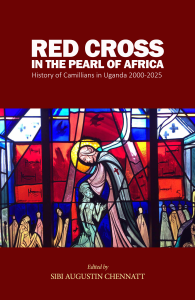 copertina del libro Red Cross in the Pearl of Africa. La copertina è rossa. in alto c'è il titolo in bianco. al centro della copertina c'è una vetrata colorata con Cristo