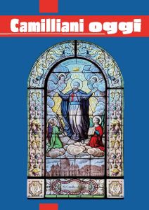 Questa è la copertina del volume "Camilliani oggi" e rappresenta una vetrata ad arco con l'immagine di San Camillo, vestito di azzurro, in piedi. Ai suoi lati due angeli. In basso un santo vestito di rosso e uno di verde entrambi con l'aureola. Tutti i personaggi sono sulle nuvole. Sotto le nuovel c'è una città