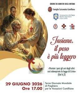 Un uomo anziano malato e vestito di bianco è seduto dentro al letto. Dietro di lui un uomo vestito di nero con l'aureola dei santi lo guarda. Accanto al malato una donna vestita di bianco con la croce rossa sul petto gli tiene la mano. All'interno della pagina c'è la scritta "Insieme il peso è più leggero - terza giornata mondiale per le vocazioni camilliane, 29 giugno 2026"