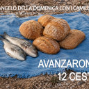 Nella foto ci sono cinque pani e due pesci. Sono posati su un telo azzurro posato su un terrreno roccioso. Sopra l'immagine al centro c'è la scritta: avanzarono 12 ceste, in alto ci sono le scritte: vangelo della domenica con i camilliani, mt. 14-13-21, padre Gianfranco Luanrdon