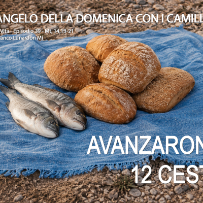 Nella foto ci sono cinque pani e due pesci. Sono posati su un telo azzurro posato su un terrreno roccioso. Sopra l'immagine al centro c'è la scritta: avanzarono 12 ceste, in alto ci sono le scritte: vangelo della domenica con i camilliani, mt. 14-13-21, padre Gianfranco Luanrdon