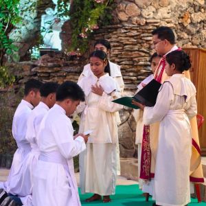 Tre uomini vestiti di bianco sono inginocchiati davanti a un sacerdote vestito di bianco con una stola rossa. Accanto a lui ci sono tre ragazze chierichetto. Sullo sfondo ci sono delle rocce. A terra c'è un tappeto verde