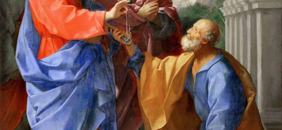 Un uomo con una tunica rossa con le maniche lunche e ampie e un mantello azzurro parla con un uomo anziano inginocchiato e con una tunica gialla. Intorno ci sono colonne e una folla di persone.