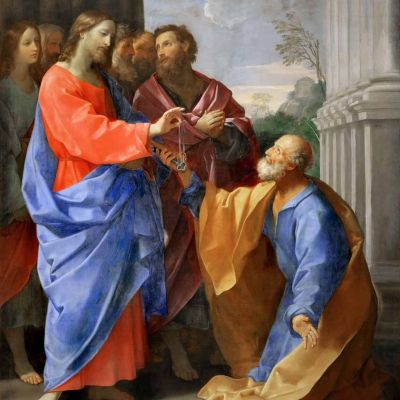 Un uomo con una tunica rossa con le maniche lunche e ampie e un mantello azzurro parla con un uomo anziano inginocchiato e con una tunica gialla. Intorno ci sono colonne e una folla di persone.