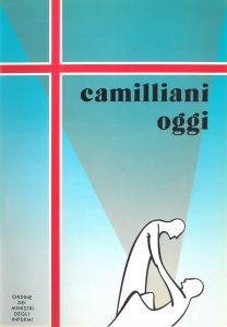Nell'immagine c'è una grande croce rossa sottile. La croce si trova sul lato sinistro dell'immagine. Lo sfondo è azzurro chiaro. Al centro ci sono due persone stilizzate bianche. Una è per terra e l'altra l'aiuta ad alzarsi.