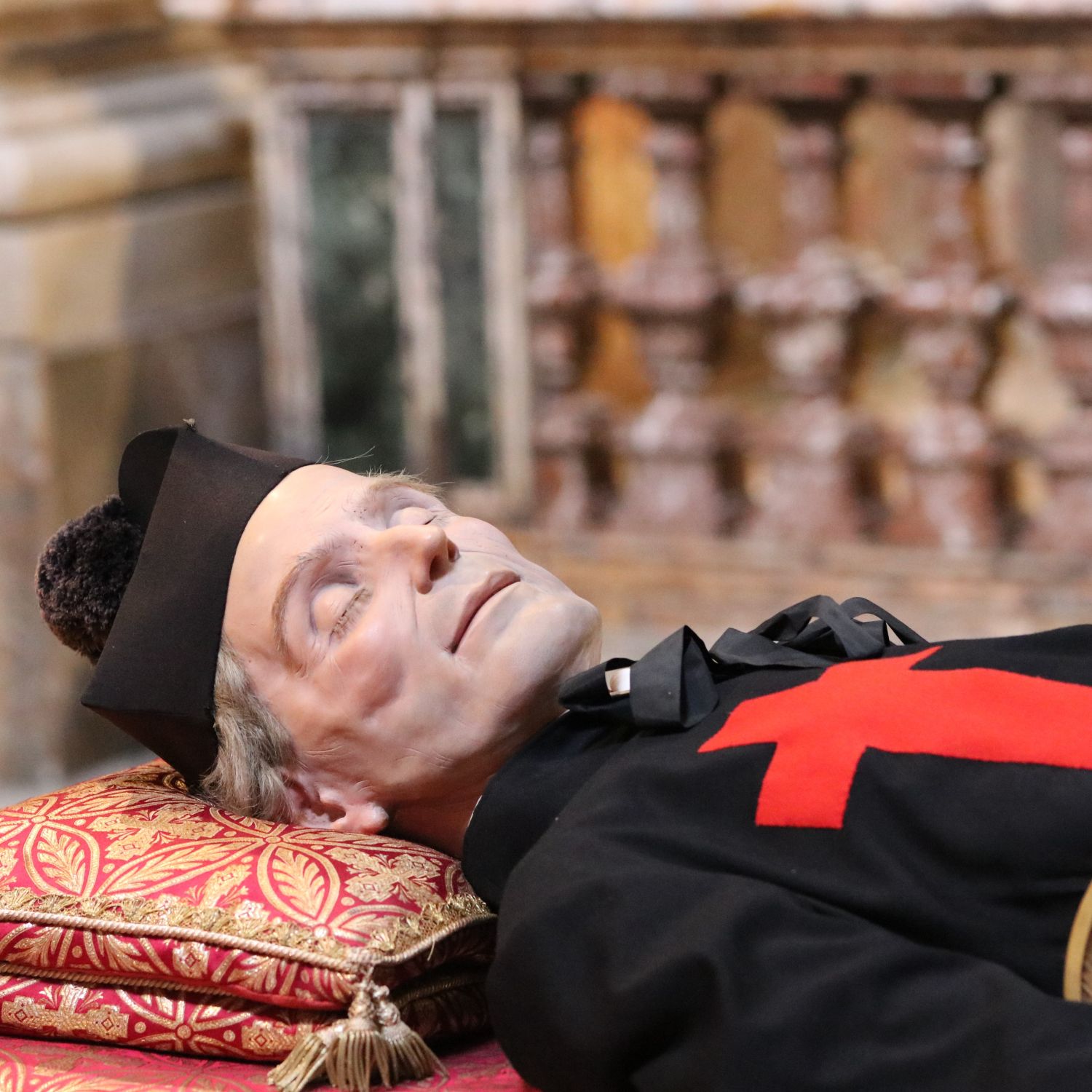 Nella foto si vede la testa di San Camillo vestito con la tunica nera e la croce rossa sul petto. Poggia la testa su un cuscino rosso e oro.
